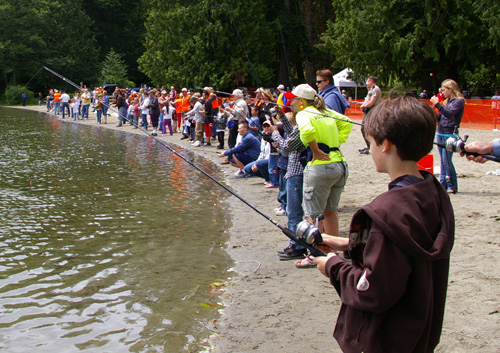 kids fishing by lake